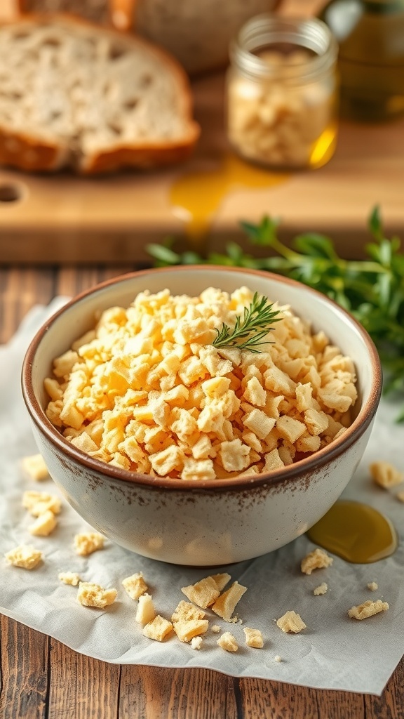 Homemade Sourdough Bread Crumbs Recipe A bowl of homemade sourdough bread crumbs with fresh herbs and olive oil on a wooden cutting board.